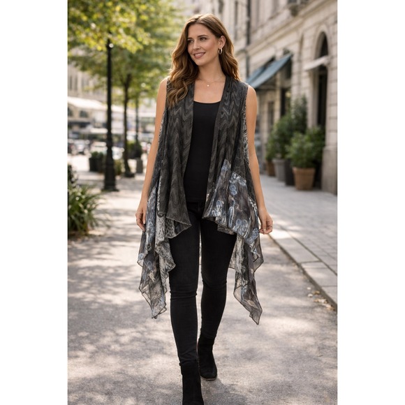 Fleur de Lis Jackets & Blazers - Fleur de Lis Womens Boho Mixed Print Handkerchief Hem Open Front Vest Small